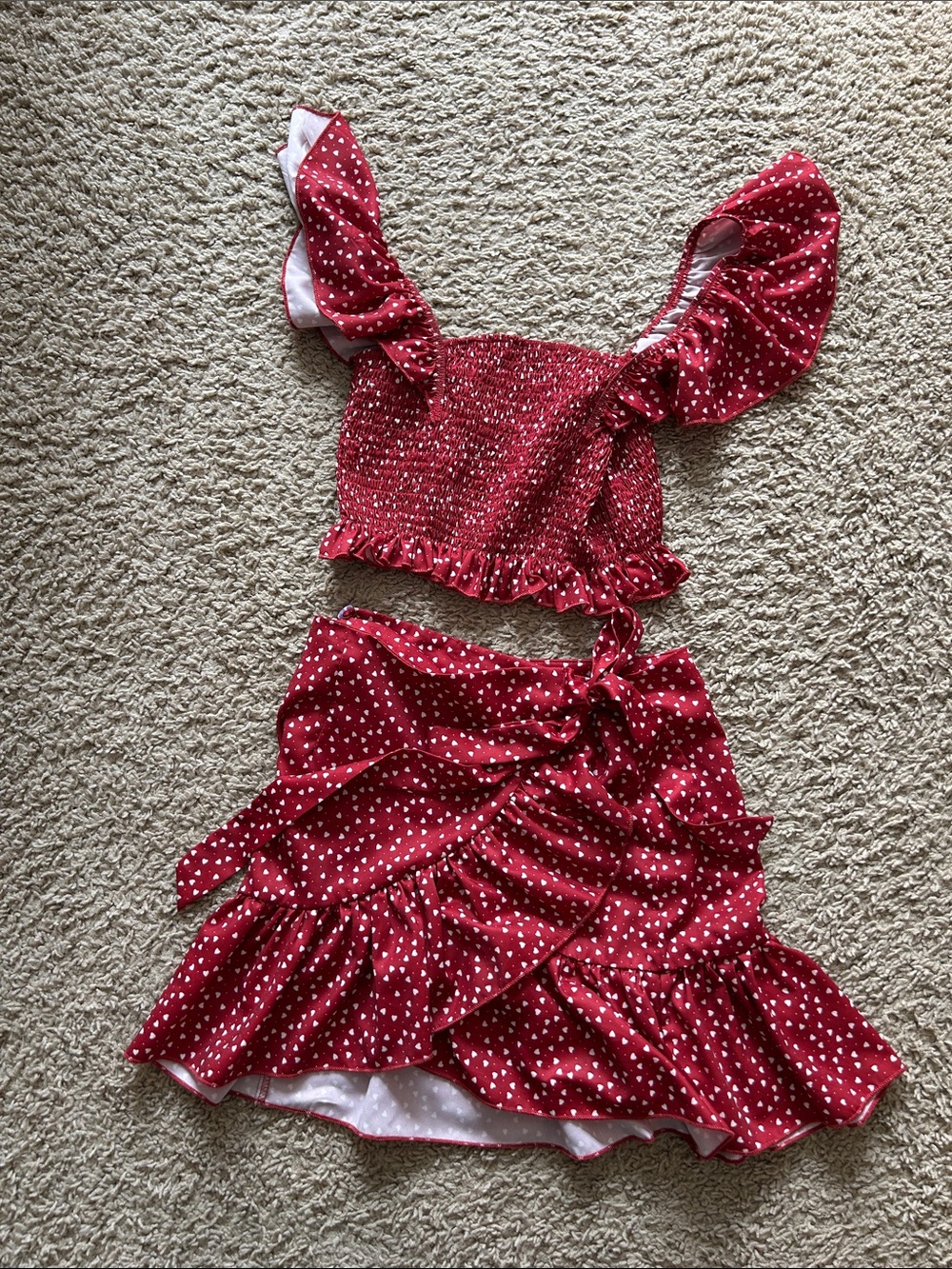Red Heart Print Two-Piece Ruffle Set